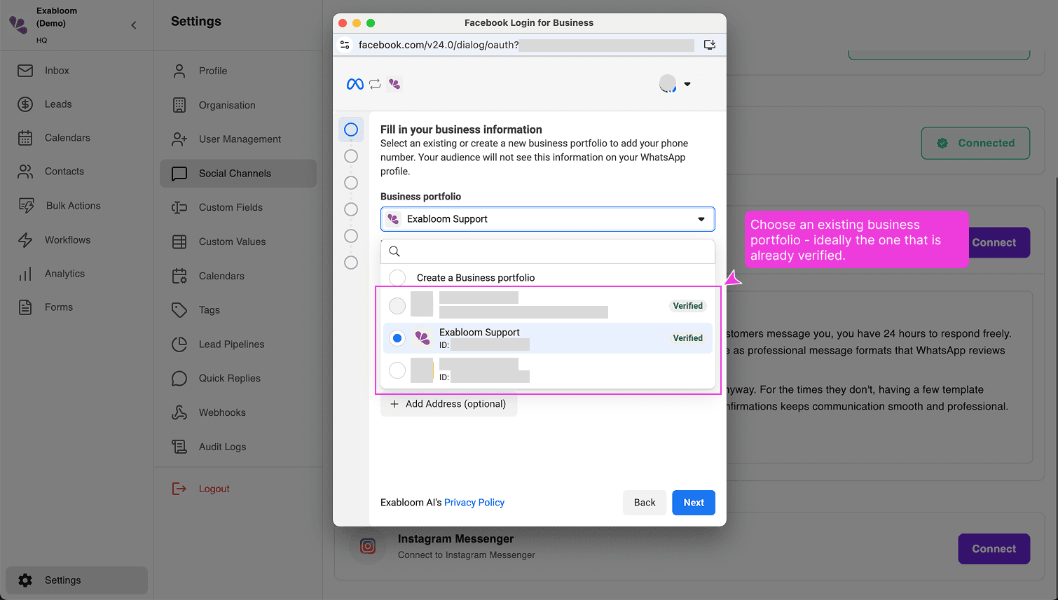 Business portfolio dropdown in Meta’s popup with a Verified portfolio selected