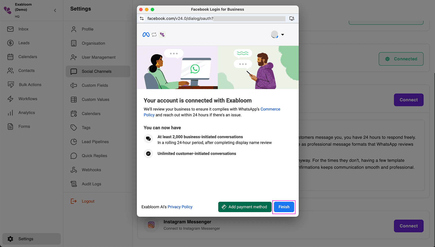 Success screen reading “Your account is connected with Exabloom” with the Finish button