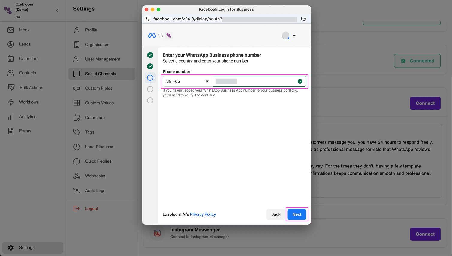 Phone number entry screen with a country code dropdown and number field