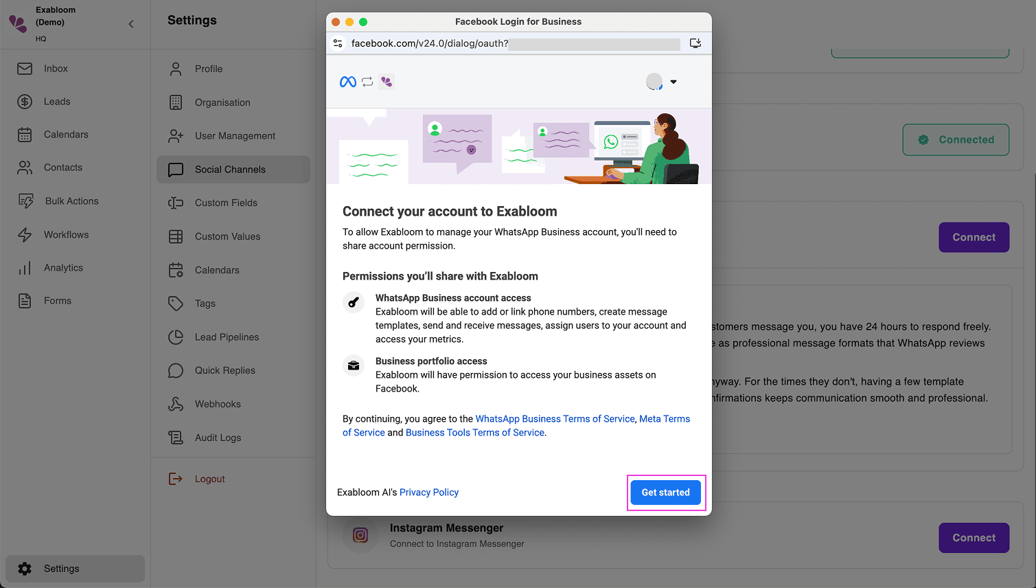 Meta’s Facebook Login for Business popup showing the welcome screen with the Get Started button