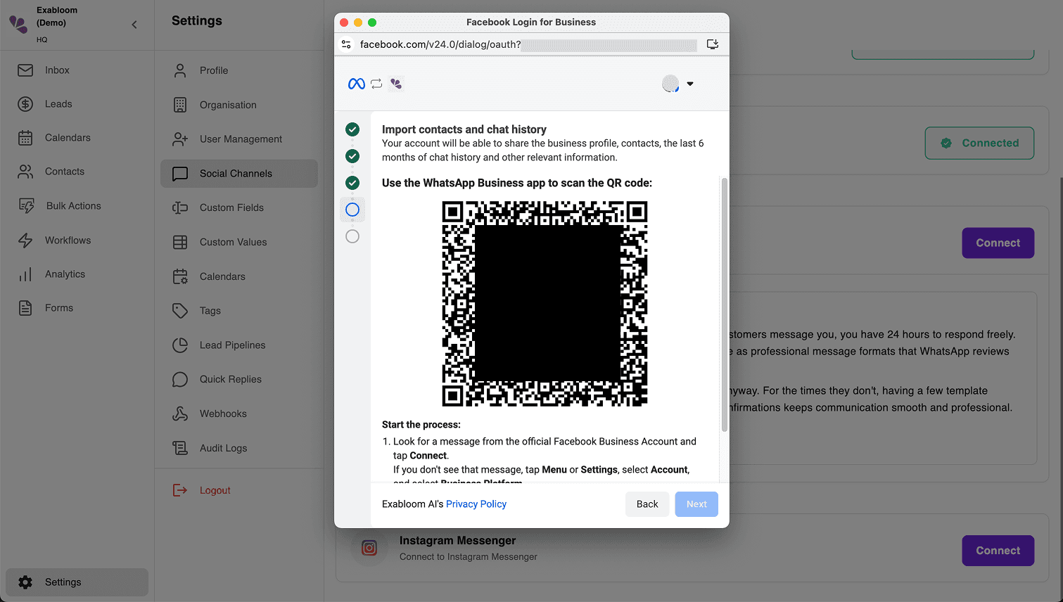 Meta’s popup showing the QR code to scan with the WhatsApp Business app