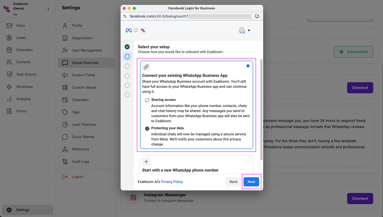 Setup type screen with the Connect your existing WhatsApp Business App option selected