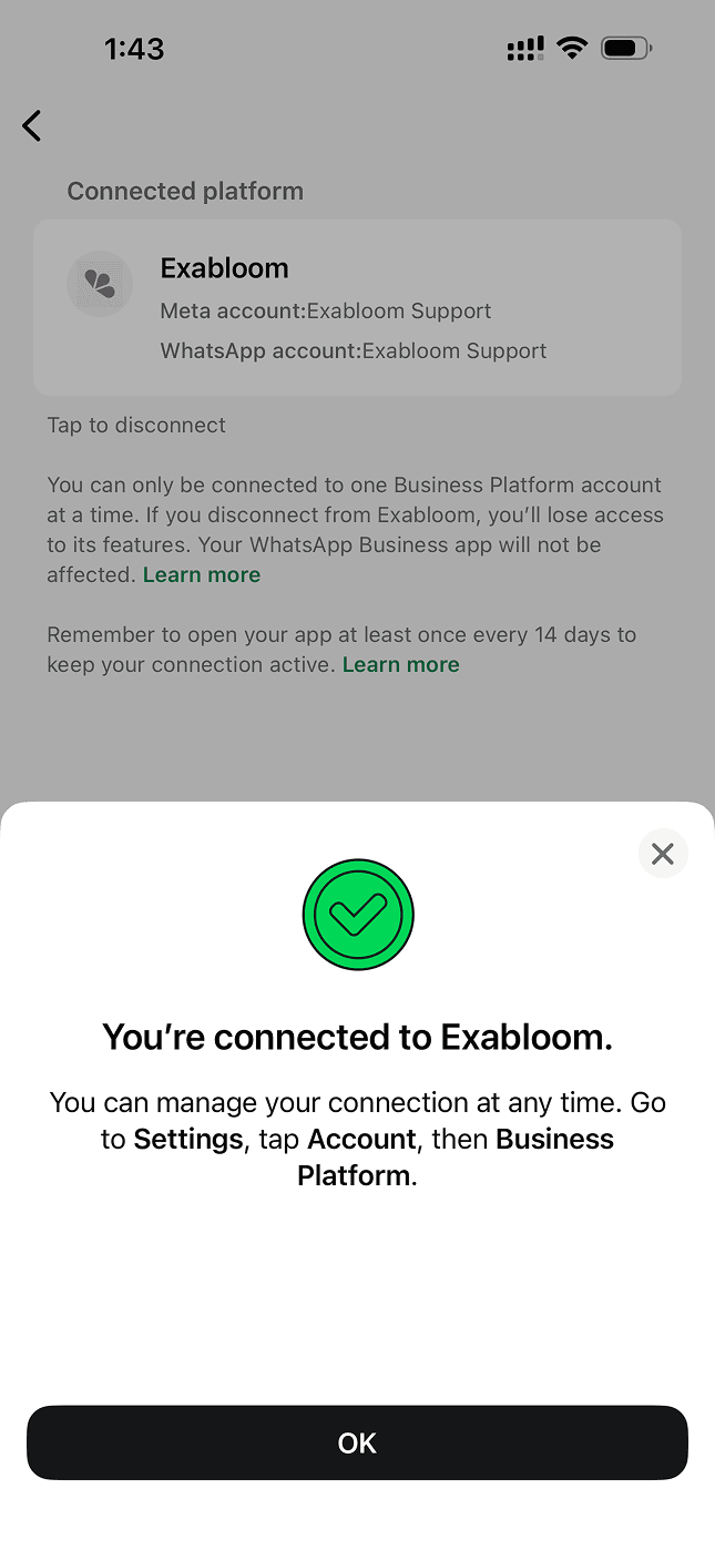 Confirmation screen on the phone showing the account is connected to Exabloom