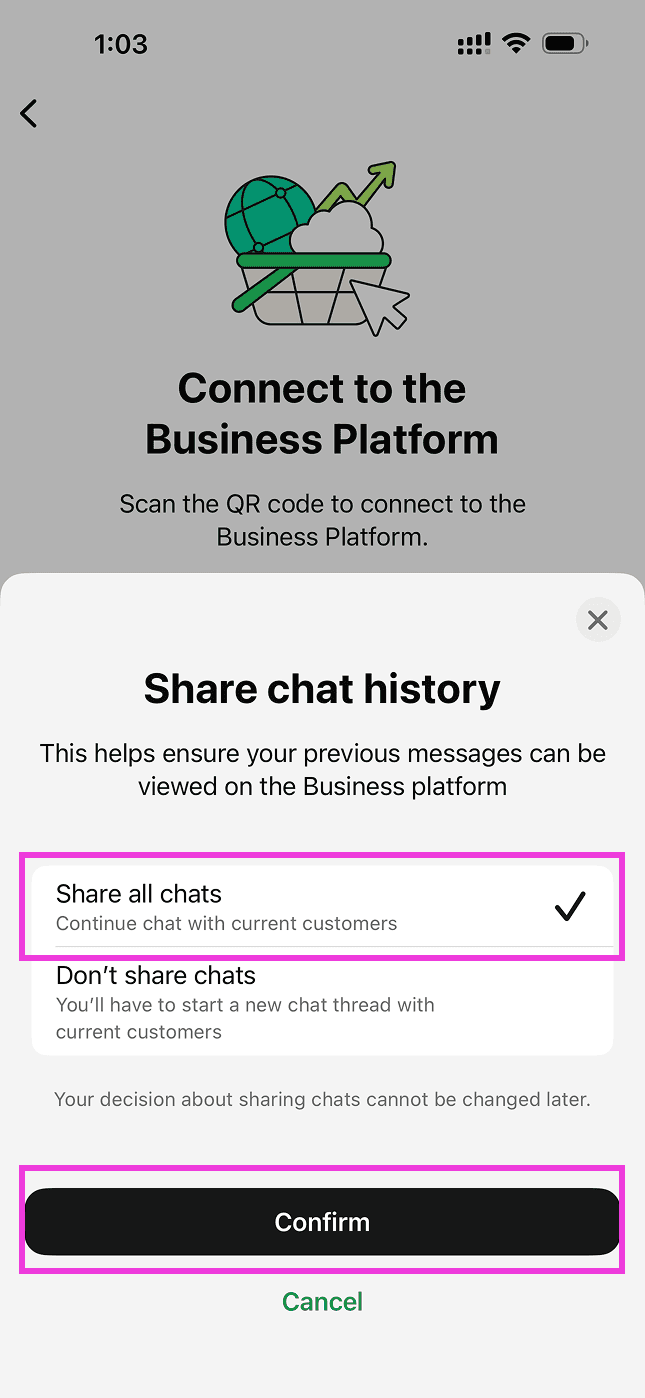 Share chat history sheet with Share all chats selected and the Confirm button