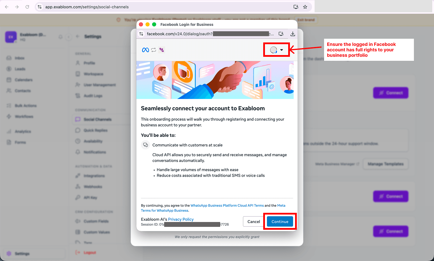 Meta’s Facebook Login for Business popup reading Seamlessly connect your account to Exabloom, with the logged-in account menu and the Continue button boxed in red