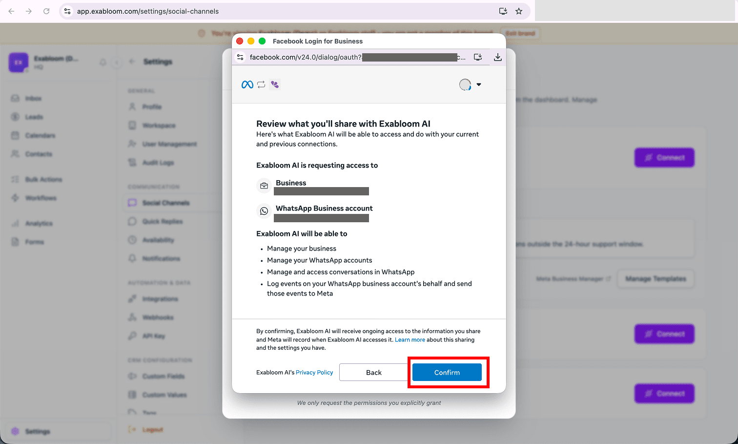 Review what you’ll share with Exabloom AI screen listing the business, the WhatsApp Business account and the permissions, with Confirm boxed