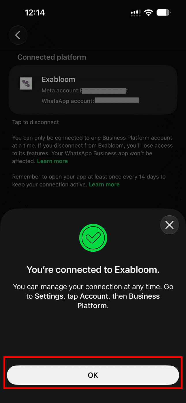 Phone sheet reading You’re connected to Exabloom with the OK button boxed