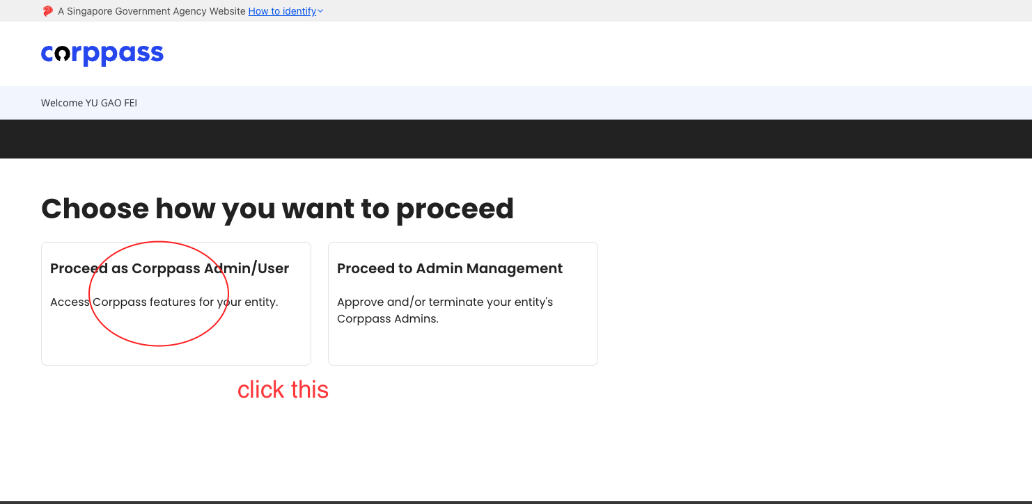 Log in to Corppass and proceed as Corppass Admin or User