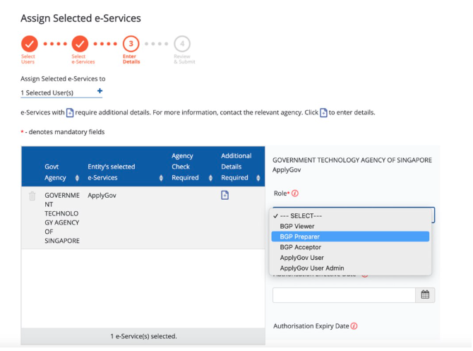Select the BGP role and set the authorisation effective and expiry dates