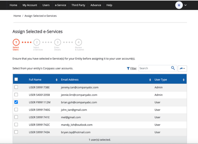 Select the user accounts to assign the e-Service to