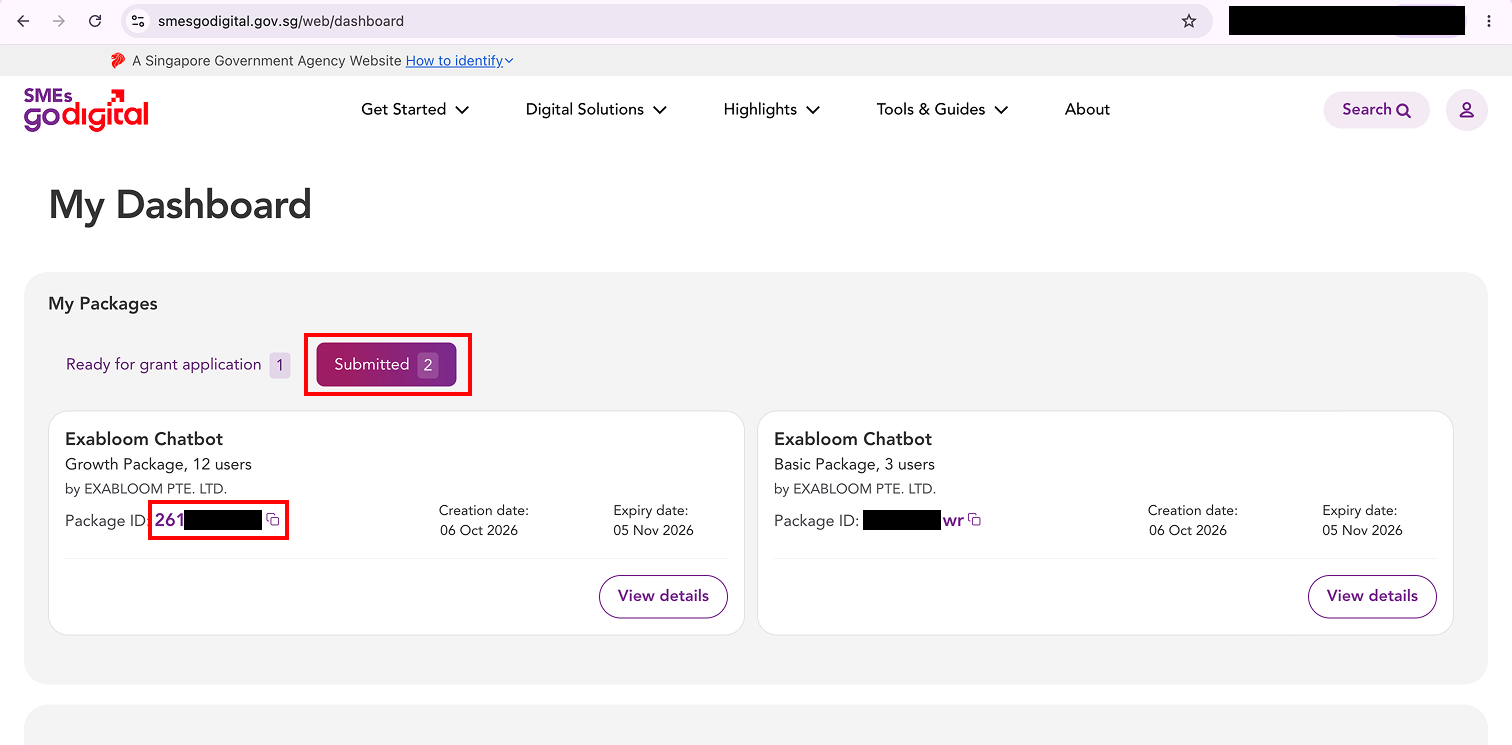 Package ID on the SMEs Go Digital dashboard