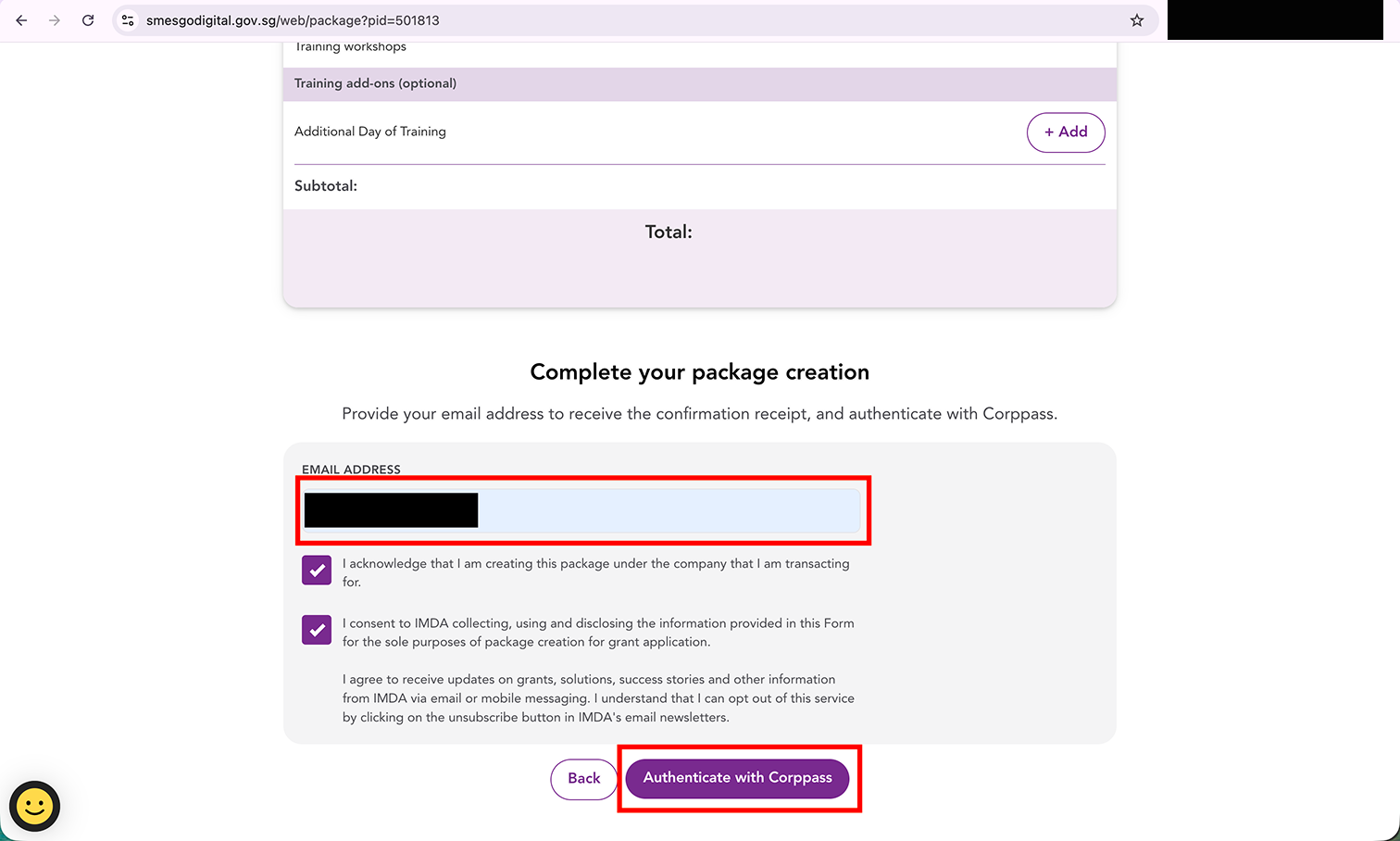 Enter email and authenticate with Corppass