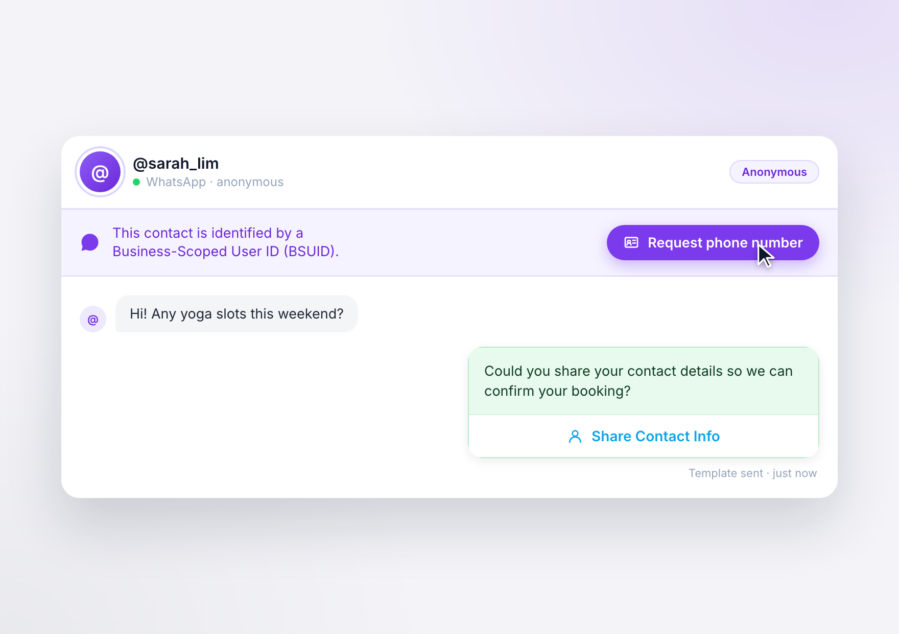 In a username-only conversation, Exabloom shows a banner with a "Request phone number" button. One click sends your approved template, which the customer can answer with a single "Share Contact Info" tap.